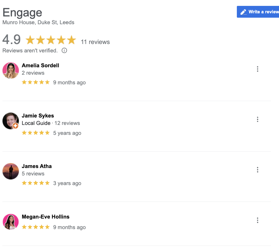 Screenshot of Google reviews for Engage