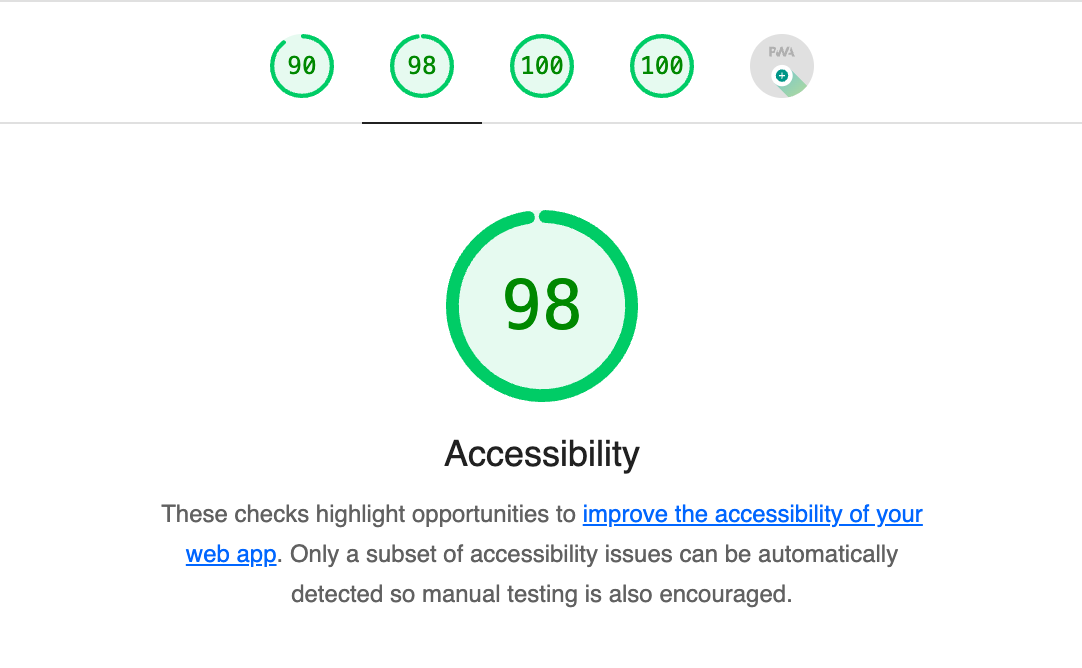 Screenshot of Lighthouse Accessibility rating of 98