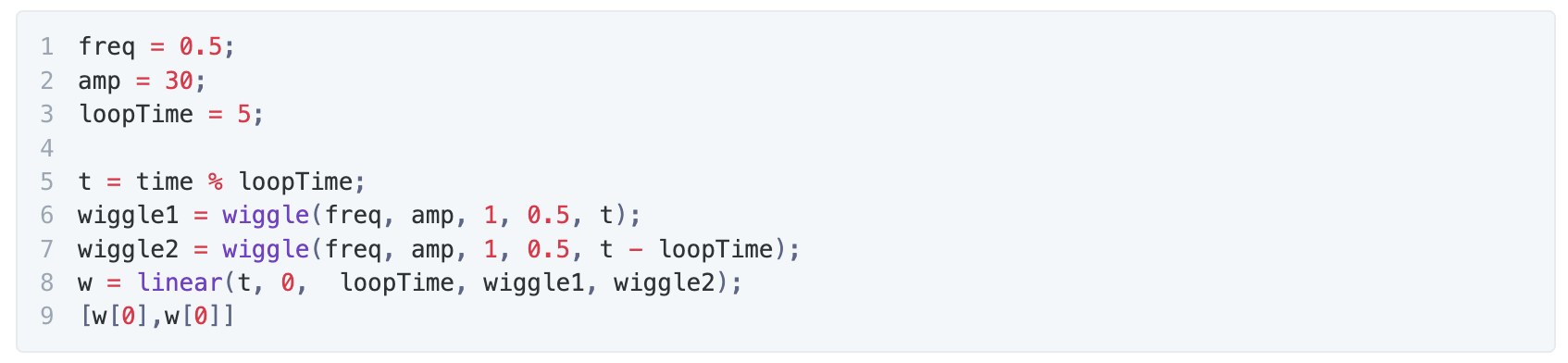 A picture of the JavaScript code needed to create a scaled After Effects Looped Wiggle Expression.