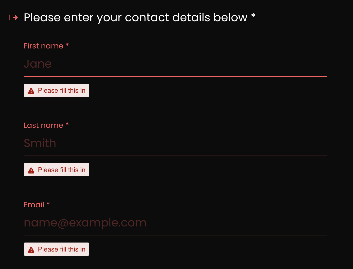 Screenshot of a website form with missing fields