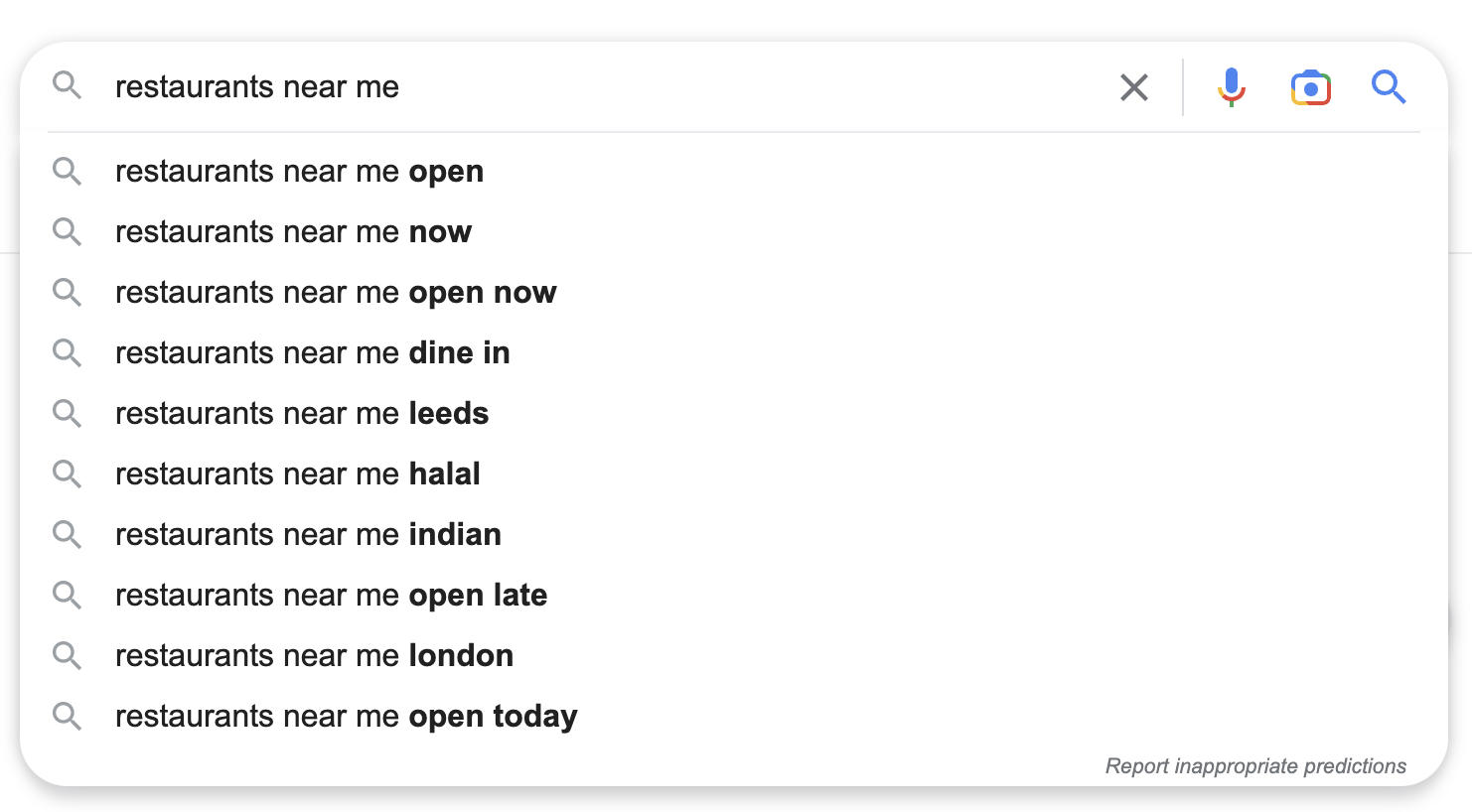 Google search autocomplete for the query 'restaurants near me'